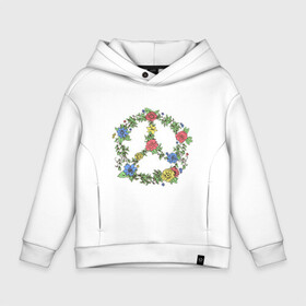 Детское худи Oversize хлопок с принтом peace flowers , френч-терри — 70% хлопок, 30% полиэстер. Мягкий теплый начес внутри —100% хлопок | боковые карманы, эластичные манжеты и нижняя кромка, капюшон на магнитной кнопке | Тематика изображения на принте: flowers | peace | мир | цветы