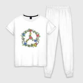 Женская пижама хлопок с принтом peace flowers , 100% хлопок | брюки и футболка прямого кроя, без карманов, на брюках мягкая резинка на поясе и по низу штанин | Тематика изображения на принте: flowers | peace | мир | цветы