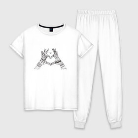 Женская пижама хлопок с принтом Сердечко , 100% хлопок | брюки и футболка прямого кроя, без карманов, на брюках мягкая резинка на поясе и по низу штанин | дзентангл | дудлы | пальцы | раскраска | руки | ручная графика | сердечко | узоры | черно белое