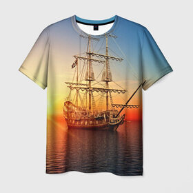 Мужская футболка 3D с принтом Фрегат , 100% полиэфир | прямой крой, круглый вырез горловины, длина до линии бедер | 3d | blue | брызги | вмф | вода | военный | волны | исторический | капли | корабль | лето | море | моряк | океан | природа | фрегат | шторм