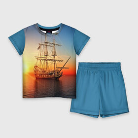 Детский костюм с шортами 3D с принтом Фрегат ,  |  | 3d | blue | брызги | вмф | вода | военный | волны | исторический | капли | корабль | лето | море | моряк | океан | природа | фрегат | шторм