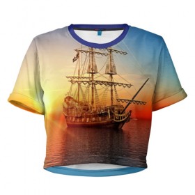 Женская футболка 3D укороченная с принтом Фрегат , 100% полиэстер | круглая горловина, длина футболки до линии талии, рукава с отворотами | 3d | blue | брызги | вмф | вода | военный | волны | исторический | капли | корабль | лето | море | моряк | океан | природа | фрегат | шторм