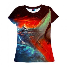 Женская футболка 3D с принтом Фантастика , 100% полиэфир ( синтетическое хлопкоподобное полотно) | прямой крой, круглый вырез горловины, длина до линии бедер | 3d | blue | брызги | вмф | вода | военный | волны | исторический | капли | корабль | космос | лето | море | моряк | океан | природа | фрегат | шторм