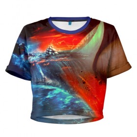 Женская футболка 3D укороченная с принтом Фантастика , 100% полиэстер | круглая горловина, длина футболки до линии талии, рукава с отворотами | 3d | blue | брызги | вмф | вода | военный | волны | исторический | капли | корабль | космос | лето | море | моряк | океан | природа | фрегат | шторм