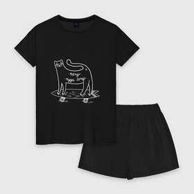 Женская пижама с шортиками хлопок с принтом Кот скейтер , 100% хлопок | футболка прямого кроя, шорты свободные с широкой мягкой резинкой | cat | sk8 | skate | кот | кошка | лонгборд | скейт