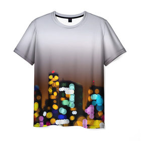 Мужская футболка 3D с принтом Городские огни , 100% полиэфир | прямой крой, круглый вырез горловины, длина до линии бедер | 