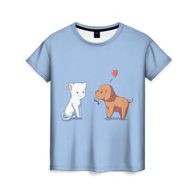 Женская футболка 3D с принтом Котенок и щенок, любовь , 100% полиэфир ( синтетическое хлопкоподобное полотно) | прямой крой, круглый вырез горловины, длина до линии бедер | 