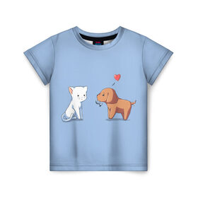 Детская футболка 3D с принтом Котенок и щенок, любовь , 100% гипоаллергенный полиэфир | прямой крой, круглый вырез горловины, длина до линии бедер, чуть спущенное плечо, ткань немного тянется | Тематика изображения на принте: 