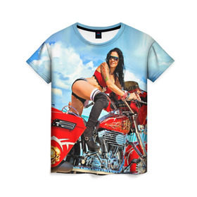 Женская футболка 3D с принтом Девушка на мотоцикле , 100% полиэфир ( синтетическое хлопкоподобное полотно) | прямой крой, круглый вырез горловины, длина до линии бедер | байкер