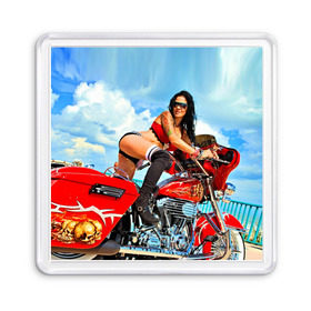 Магнит 55*55 с принтом Девушка на мотоцикле , Пластик | Размер: 65*65 мм; Размер печати: 55*55 мм | Тематика изображения на принте: байкер