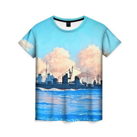 Женская футболка 3D с принтом Корабль , 100% полиэфир ( синтетическое хлопкоподобное полотно) | прямой крой, круглый вырез горловины, длина до линии бедер | 3d | blue | брызги | вмф | вода | военный | волны | исторический | капли | корабль | лето | море | моряк | океан | природа | фрегат | шторм