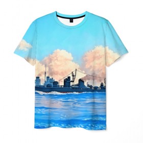 Мужская футболка 3D с принтом Корабль , 100% полиэфир | прямой крой, круглый вырез горловины, длина до линии бедер | 3d | blue | брызги | вмф | вода | военный | волны | исторический | капли | корабль | лето | море | моряк | океан | природа | фрегат | шторм