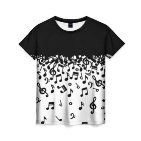 Женская футболка 3D с принтом Поглощение музыкой , 100% полиэфир ( синтетическое хлопкоподобное полотно) | прямой крой, круглый вырез горловины, длина до линии бедер | абстракция | арт | дизайн | музыка | ноты | ритм