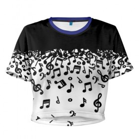 Женская футболка 3D укороченная с принтом Поглощение музыкой , 100% полиэстер | круглая горловина, длина футболки до линии талии, рукава с отворотами | абстракция | арт | дизайн | музыка | ноты | ритм