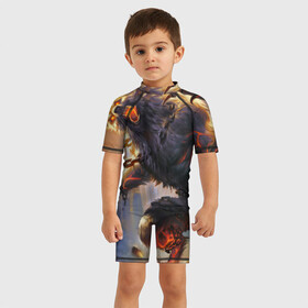 Детский купальный костюм 3D с принтом Оборотень , Полиэстер 85%, Спандекс 15% | застежка на молнии на спине | волк | оборотень | огонь | руины | цепи