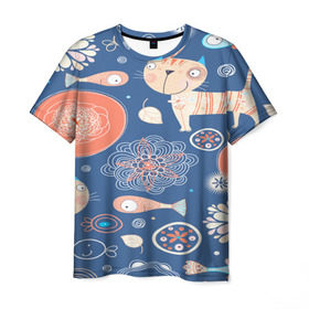 Мужская футболка 3D с принтом Котики и рыбка , 100% полиэфир | прямой крой, круглый вырез горловины, длина до линии бедер | 3d | арт | другие | животные | коты | кошки | прикольные | рыба | текстуры | цветы | яркие