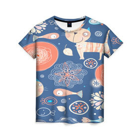 Женская футболка 3D с принтом Котики и рыбка , 100% полиэфир ( синтетическое хлопкоподобное полотно) | прямой крой, круглый вырез горловины, длина до линии бедер | 3d | арт | другие | животные | коты | кошки | прикольные | рыба | текстуры | цветы | яркие
