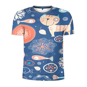 Мужская футболка 3D спортивная с принтом Котики и рыбка , 100% полиэстер с улучшенными характеристиками | приталенный силуэт, круглая горловина, широкие плечи, сужается к линии бедра | 3d | арт | другие | животные | коты | кошки | прикольные | рыба | текстуры | цветы | яркие