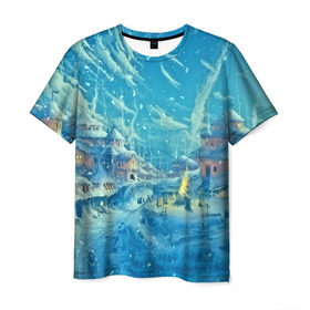 Мужская футболка 3D с принтом Зимний городок , 100% полиэфир | прямой крой, круглый вырез горловины, длина до линии бедер | Тематика изображения на принте: ночь | пейзаж | снег