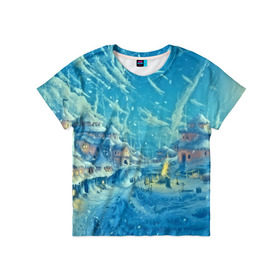 Детская футболка 3D с принтом Зимний городок , 100% гипоаллергенный полиэфир | прямой крой, круглый вырез горловины, длина до линии бедер, чуть спущенное плечо, ткань немного тянется | Тематика изображения на принте: ночь | пейзаж | снег