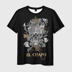 Мужская футболка 3D с принтом El Chapo , 100% полиэфир | прямой крой, круглый вырез горловины, длина до линии бедер | el chapo | глаза | скелет | тату | цветы | череп