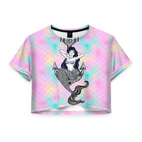 Женская футболка 3D укороченная с принтом Mermaid 2 , 100% полиэстер | круглая горловина, длина футболки до линии талии, рукава с отворотами | 