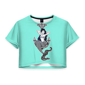 Женская футболка 3D укороченная с принтом Mermaid blue , 100% полиэстер | круглая горловина, длина футболки до линии талии, рукава с отворотами | 
