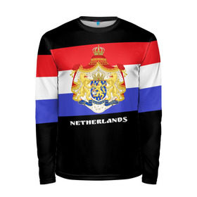 Мужской лонгслив 3D с принтом Флаг и герб Нидерланды , 100% полиэстер | длинные рукава, круглый вырез горловины, полуприлегающий силуэт | Тематика изображения на принте: амстердам | голландия | европа