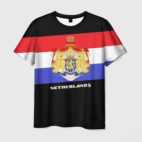 Мужская футболка 3D с принтом Флаг и герб Нидерланды , 100% полиэфир | прямой крой, круглый вырез горловины, длина до линии бедер | амстердам | голландия | европа