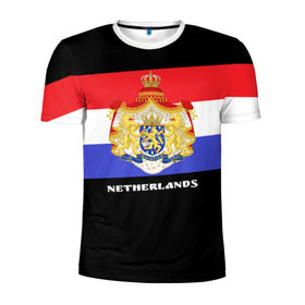 Мужская футболка 3D спортивная с принтом Флаг и герб Нидерланды , 100% полиэстер с улучшенными характеристиками | приталенный силуэт, круглая горловина, широкие плечи, сужается к линии бедра | Тематика изображения на принте: амстердам | голландия | европа