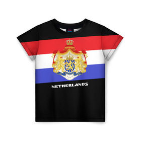 Детская футболка 3D с принтом Флаг и герб Нидерланды , 100% гипоаллергенный полиэфир | прямой крой, круглый вырез горловины, длина до линии бедер, чуть спущенное плечо, ткань немного тянется | амстердам | голландия | европа