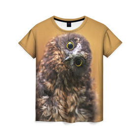 Женская футболка 3D с принтом Совёнок , 100% полиэфир ( синтетическое хлопкоподобное полотно) | прямой крой, круглый вырез горловины, длина до линии бедер | взгляд | глаза | клюв | пернатые | перья | прикол | птица | сова | юмор