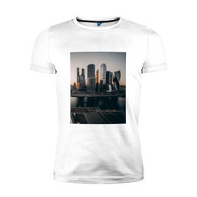 Мужская футболка премиум с принтом Москва Сити , 92% хлопок, 8% лайкра | приталенный силуэт, круглый вырез ворота, длина до линии бедра, короткий рукав | выставочная | деловой центр | москва | москва река | москва сити | столица