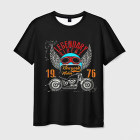Мужская футболка 3D с принтом Мото 1976 , 100% полиэфир | прямой крой, круглый вырез горловины, длина до линии бедер | Тематика изображения на принте: 3d | legendary riders | riders | rock | авто | автомобильные | гонщик | дорога | колеса | крылья | мото | мотоциклы | рок