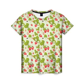 Женская футболка 3D с принтом Клубничка , 100% полиэфир ( синтетическое хлопкоподобное полотно) | прямой крой, круглый вырез горловины, длина до линии бедер | клубника | орнамент | природа | пчела | узор | цветы | ягода
