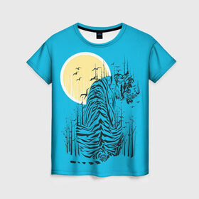 Женская футболка 3D с принтом тигр , 100% полиэфир ( синтетическое хлопкоподобное полотно) | прямой крой, круглый вырез горловины, длина до линии бедер | арт | бамбук | восток | графика | живопись | китай | луна | небо | ночь | полосы | птицы | рисунок | творчество | хищник | япония