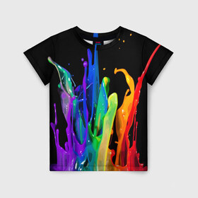 Детская футболка 3D с принтом Краски , 100% гипоаллергенный полиэфир | прямой крой, круглый вырез горловины, длина до линии бедер, чуть спущенное плечо, ткань немного тянется | background | black | bright | paint | rainbow | spectrum | splash | spray | брызги | всплеск | краски | радуга | спектр | фон | черный | яркие