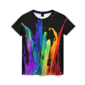 Женская футболка 3D с принтом Краски , 100% полиэфир ( синтетическое хлопкоподобное полотно) | прямой крой, круглый вырез горловины, длина до линии бедер | background | black | bright | paint | rainbow | spectrum | splash | spray | брызги | всплеск | краски | радуга | спектр | фон | черный | яркие