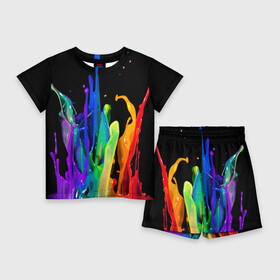 Детский костюм с шортами 3D с принтом Краски ,  |  | background | black | bright | paint | rainbow | spectrum | splash | spray | брызги | всплеск | краски | радуга | спектр | фон | черный | яркие