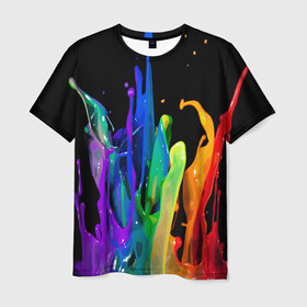 Мужская футболка 3D с принтом Краски , 100% полиэфир | прямой крой, круглый вырез горловины, длина до линии бедер | background | black | bright | paint | rainbow | spectrum | splash | spray | брызги | всплеск | краски | радуга | спектр | фон | черный | яркие