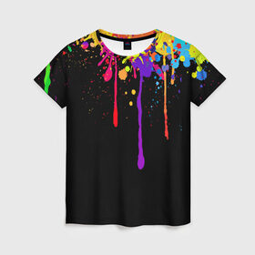 Женская футболка 3D с принтом Краски , 100% полиэфир ( синтетическое хлопкоподобное полотно) | прямой крой, круглый вырез горловины, длина до линии бедер | брызги | капли | кляксы | краски | спектр | яркие