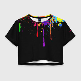 Женская футболка 3D укороченная с принтом Краски , 100% полиэстер | круглая горловина, длина футболки до линии талии, рукава с отворотами | брызги | капли | кляксы | краски | спектр | яркие