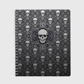 Тетрадь с принтом Black Milk - Skulls - Черепа , 100% бумага | 48 листов, плотность листов — 60 г/м2, плотность картонной обложки — 250 г/м2. Листы скреплены сбоку удобной пружинной спиралью. Уголки страниц и обложки скругленные. Цвет линий — светло-серый
 | black milk | metall | pattern | rock | skulls | патерн | узор | череп | черепа | черная