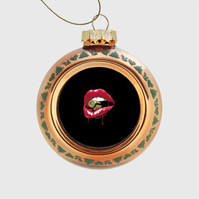 Стеклянный ёлочный шар с принтом Пуля в зубах , Стекло | Диаметр: 80 мм | губы | золотой зуб | краска | красная помада | красный | пуля