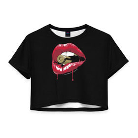 Женская футболка 3D укороченная с принтом Пуля в зубах , 100% полиэстер | круглая горловина, длина футболки до линии талии, рукава с отворотами | губы | золотой зуб | краска | красная помада | красный | пуля