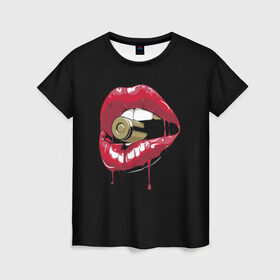 Женская футболка 3D с принтом Пуля в зубах , 100% полиэфир ( синтетическое хлопкоподобное полотно) | прямой крой, круглый вырез горловины, длина до линии бедер | губы | золотой зуб | краска | красная помада | красный | пуля