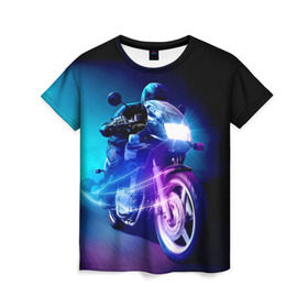 Женская футболка 3D с принтом Мотоциклист , 100% полиэфир ( синтетическое хлопкоподобное полотно) | прямой крой, круглый вырез горловины, длина до линии бедер | city | light | motocross | motorcycle | motorcyclist | night | silhouette | speed | город | мотокросс | мотоцикл | мотоциклист | ночь | свет | силуэт | скорость