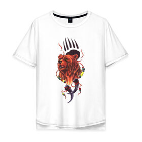 Мужская футболка хлопок Oversize с принтом Медведь Тотем , 100% хлопок | свободный крой, круглый ворот, “спинка” длиннее передней части | бусы | индейский | след | тотемное животное