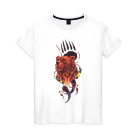 Женская футболка хлопок с принтом Медведь Тотем , 100% хлопок | прямой крой, круглый вырез горловины, длина до линии бедер, слегка спущенное плечо | Тематика изображения на принте: бусы | индейский | след | тотемное животное