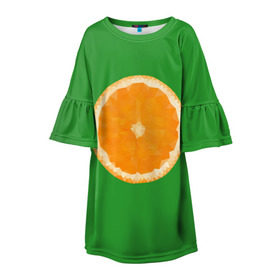 Детское платье 3D с принтом Низкополигональный апельсин , 100% полиэстер | прямой силуэт, чуть расширенный к низу. Круглая горловина, на рукавах — воланы | lowpoly | polygonal | апельсин | зеленый | оранджевый | полигон | полигональный | полигоны | яркий